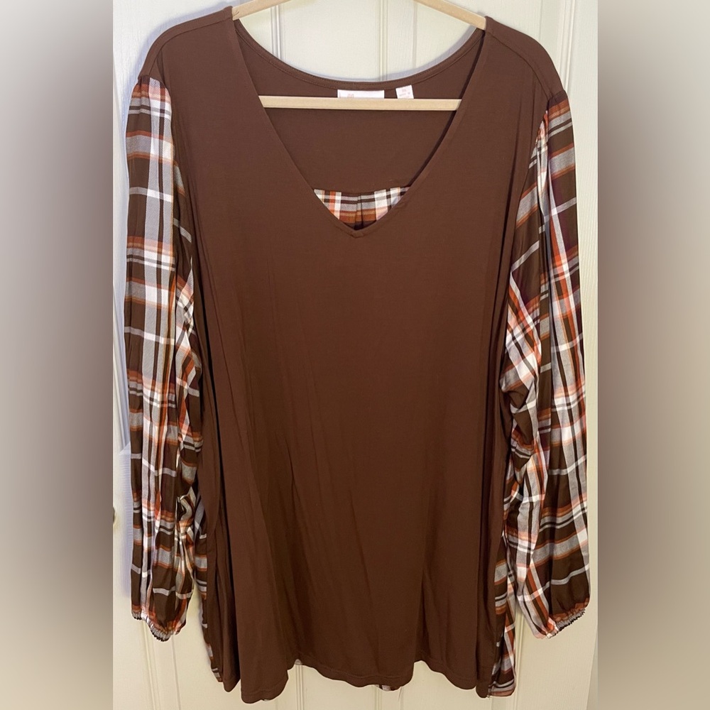 Last Chance! Brown Plaid Sleeve V-Neck Top
